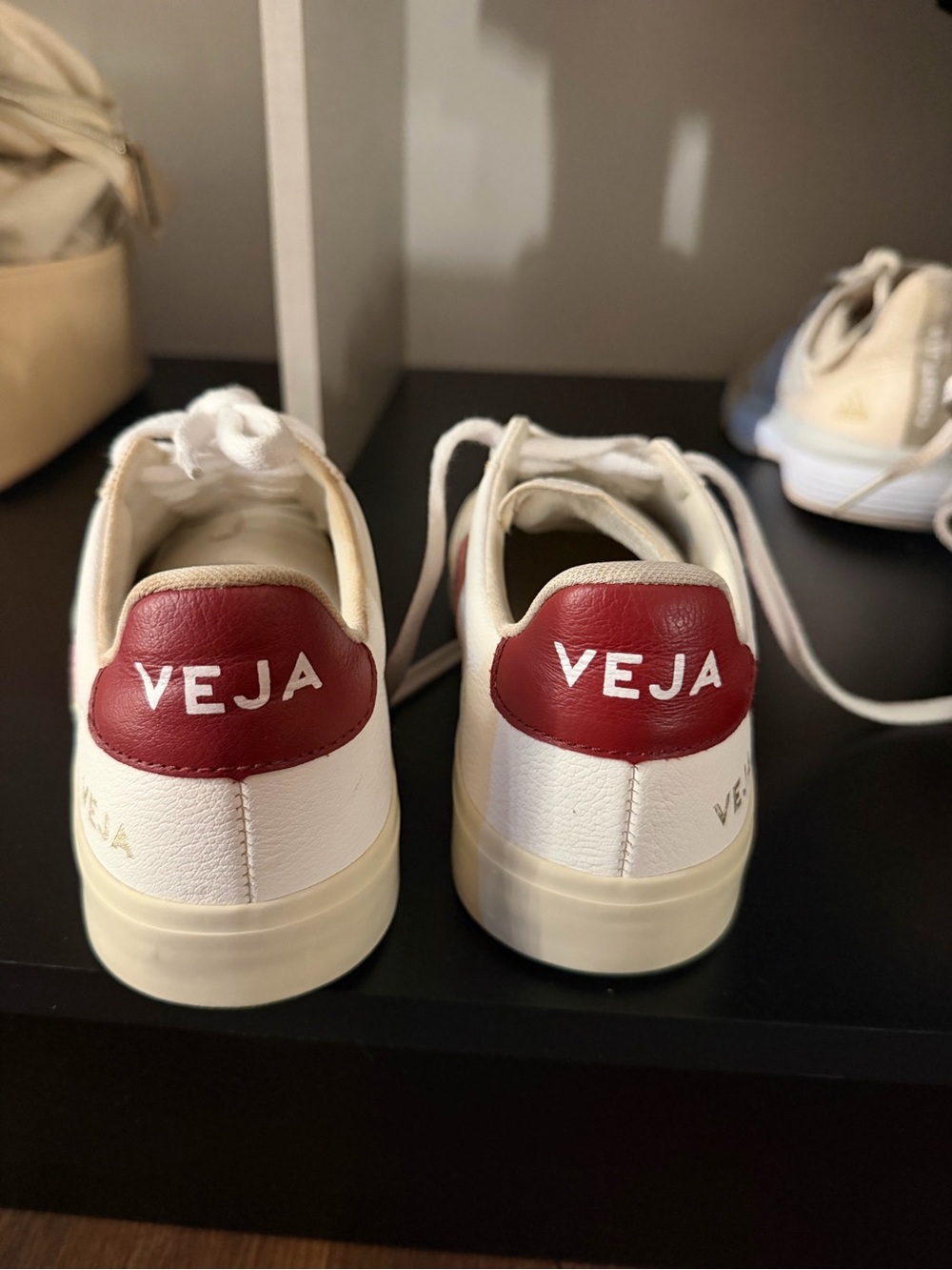 Veja White Leather Sneakers with Pink V and Burgundy Heel - Picture 4 of 7